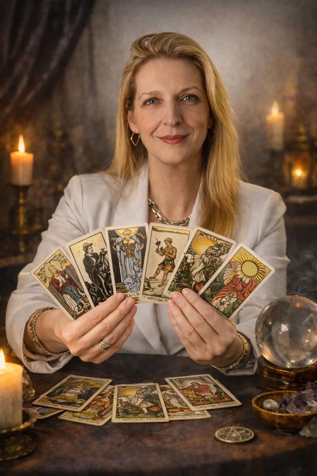 Claudia Barbato segurando cartas de tarô