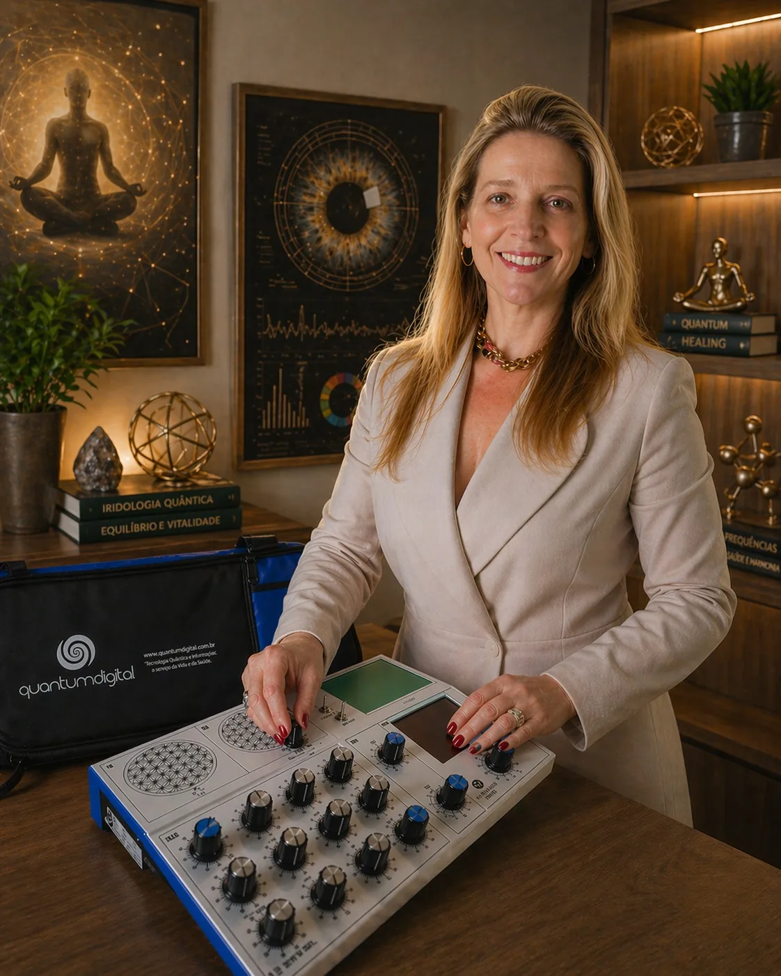 Claudia conduzindo tratamento com mesa quântica